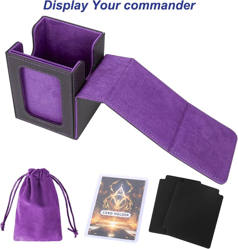 AFIING MTG Deck Box for Commander Display,Card Deck Box Fits 100 Double Sleeved Cards, Magic Commander TCG Card Storage Box with 2 Dividers,Drawstring Bag and 1 Toploader(Black/Purple) - Image 4